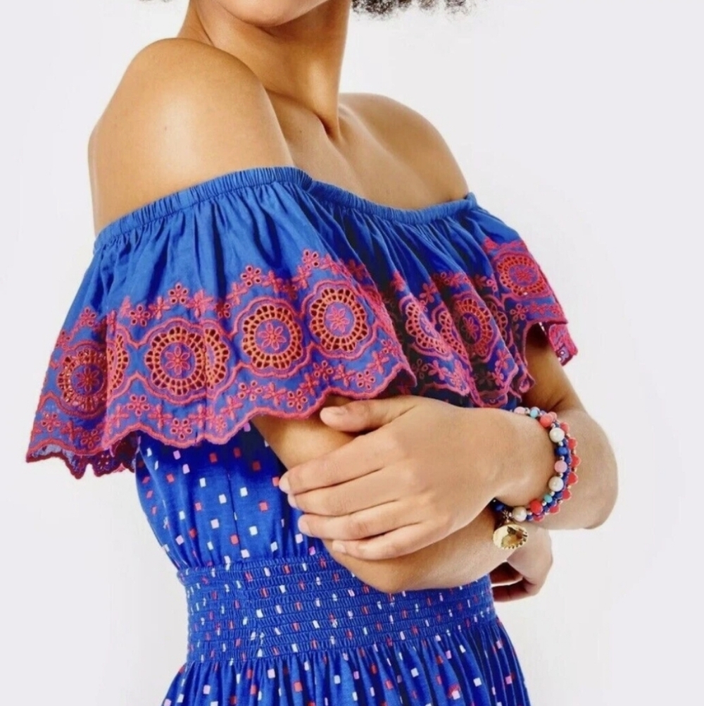 Lilly Pulitzer Kalama Off-The-Shoulder Smocked Dress Borealis Blue Squared Large